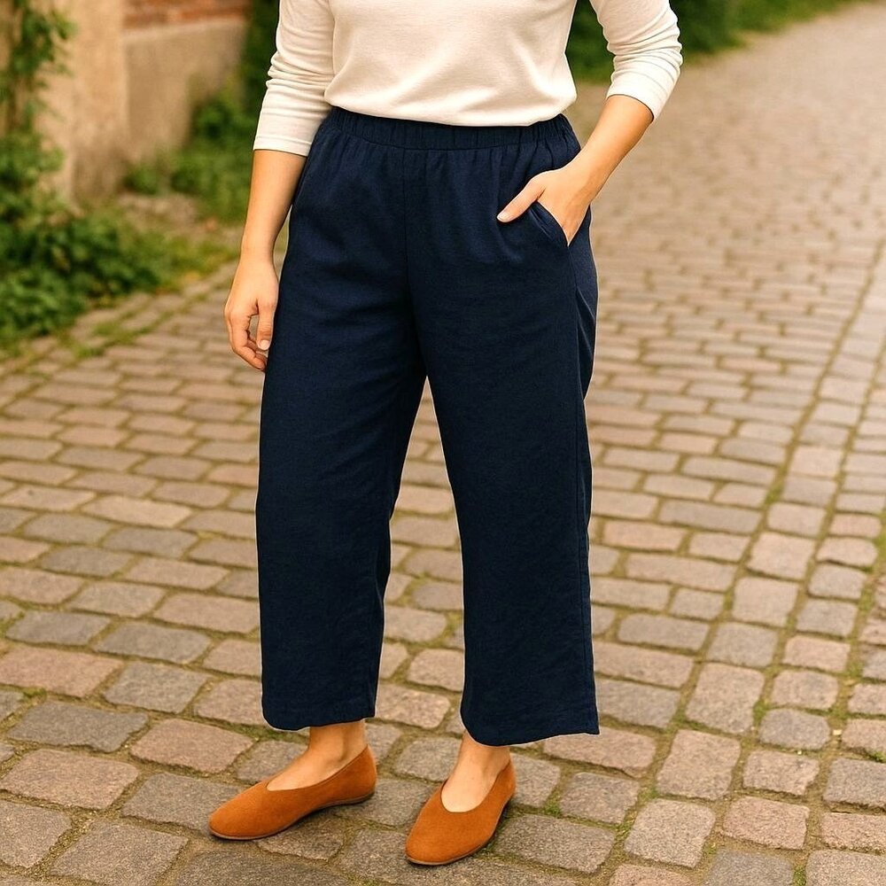 Felina Lg High-Rise Pre-washed Linen Cotton Elastic Waist Wide Leg Cropped Pants